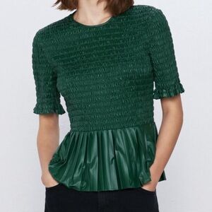 ZARA Green Smocked Peplum Top NWT